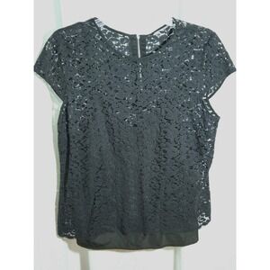 Romantic Black Soft Goth Dark Academia Floral Lace Zipper Back Top Blouse Sz XL